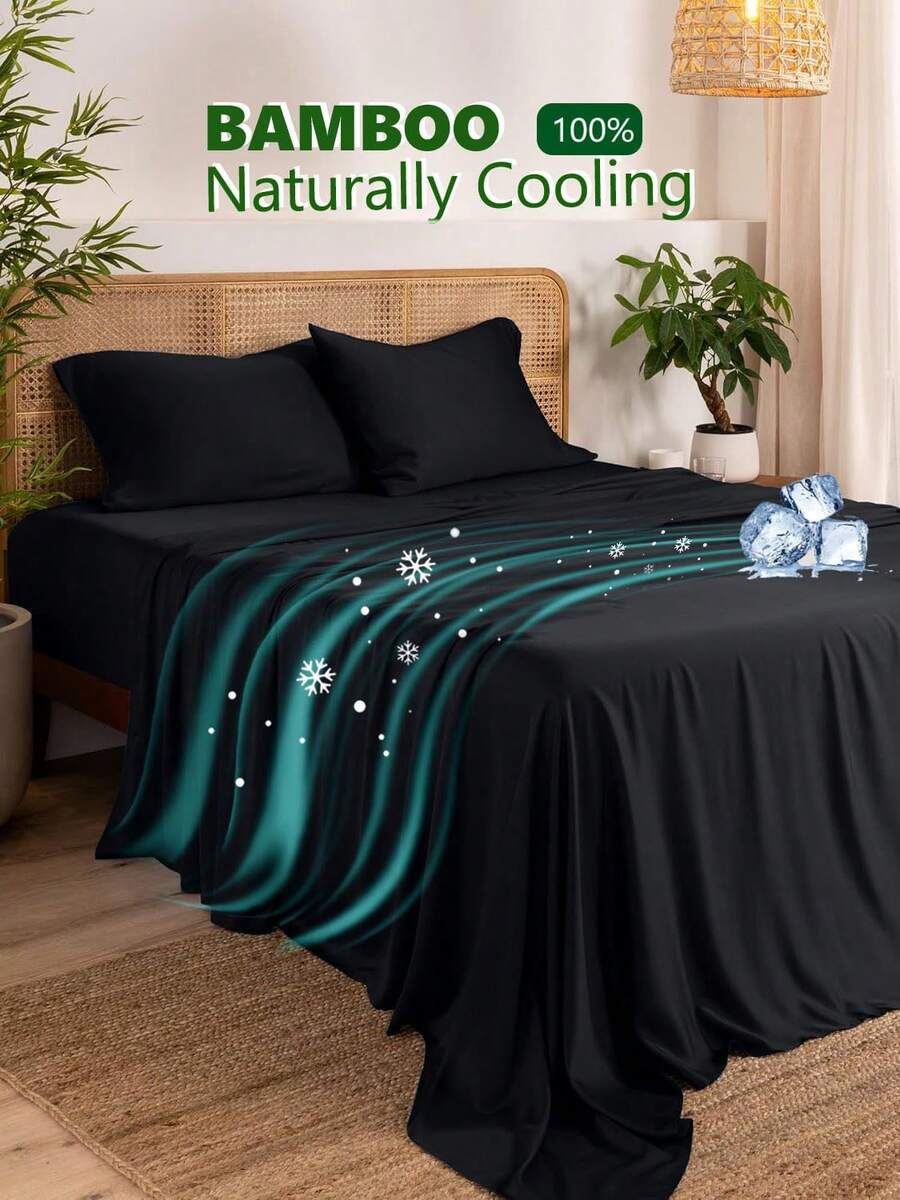 Cooling Sheets Set Queen Size, 100% Bamboo Viscose For Hot Sleepers | Deep Pocket Up To 40CM (16") | Silky Soft &Amp; Breathable Bedding - 4PC - màu đen - Xem 1