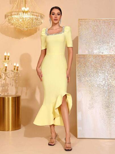 Đầm dạ hội dài màu đen gợi cảm tay phồng cổ vuông, đính cườm thủ công, kiểu dáng công nghiệp nặng, thích hợp cho đám cưới, phù dâu, tiệc tùng, sinh nhật.