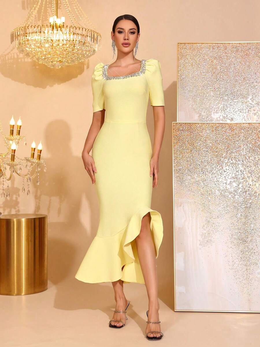 New Arrival Women's Black Sexy Handmade Pearl Ruffle Tie-Up Dress, Formal Gown For Wedding, Party, Banquet - Yellow - View 1