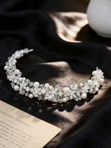 1件秋冬珍珠水钻花朵金属发箍，可爱甜美装饰头饰，适合女孩，百搭新娘发饰，适合日常佩戴、节日派对（含丝带） - 彩色 - 查看 2