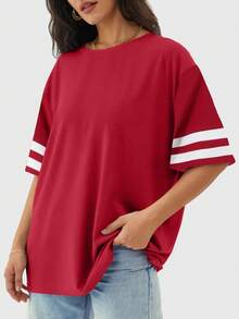 Speed mate Basic Loose Fit Short Sleeve Crew Neck T-Shirt, Burgundy - Red - View 2