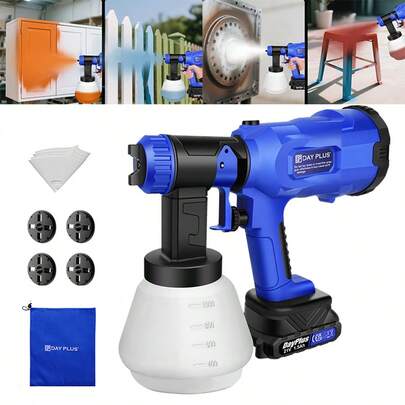 Vandise Cordless Paint Sprayer 1500mAh HVLP Electric Spray Gun Kit With Battery Charger 4 Nozzles 3 Patterns Adjustable Valve For Walls Fences Furniture Wood Painting