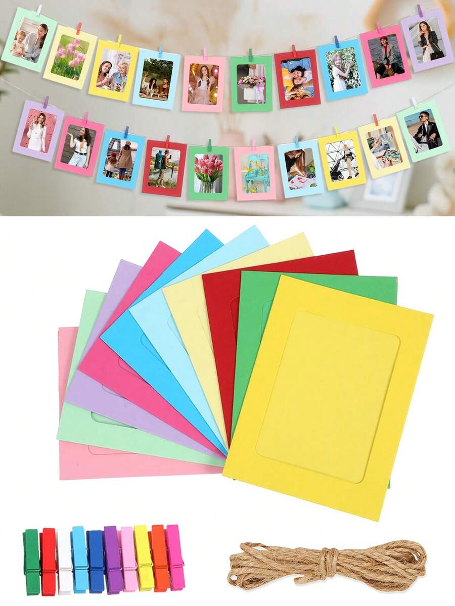 10 Or 20pcs Wall Hanging Photo Frame Set With Clips And Rope; Paper Photo Frames Available In Multiple Colors; Perfect For Home And Office Wall Decor, DIY Photo Clip Decoration, Party Decoration, Birthday Decoration, Graduation Photo Wall, Mother's Day Gift, Event Decoration And Family Photo Wall; Available In 3 Sizes - Multicolor - View 1