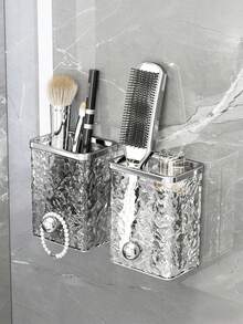 Luxury Silver Wall Mounted Toothbrush Holder, Water Ripple Acrylic Organizer, 2-In-1 Storage Rack For Toothpaste, Comb & Brushes, Punch-Free Bathroom Caddy - Multicolor - View 3
