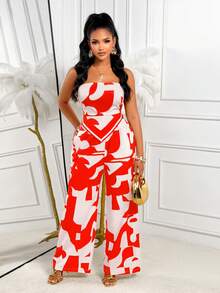 AIJ Amarilo Women 2 Pieces Set: Strapless Ruched Top With Printed Pattern & Wide Leg Pants, Suitable For Summer Vacation, Beach And Party - Red - View 4