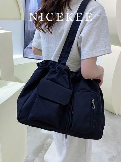 Fashionable Solid Color Multi Pocket Versatile Shoulder Bag, Niche Design Personalized Casual Tote Bag, Retro Drawstring Simple Underarm Bag, Suitable For Shopping, Commuting, Work, Daily Going Out And Attending Classes