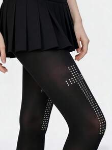 1 pieza Medias moldeadoras negras para mujer - Con patrón de strass cruzado, efecto de levantamiento elegante, esencial de primavera/verano, medias versátiles - Negro - Ver 3