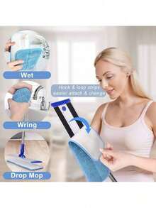 18" Professional Microfiber Mop Floor Cleaning System, Flat Mop With Stainless Steel Handle, 4 Reusable Washable Mop Pads, Wet And Dust Mopping For Hardwood, Vinyl, Laminate, Tile Cleaning - 藍色 - 查看 4