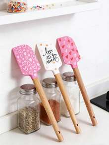 1 chiếc thìa silicon cán gỗ họa tiết Ngày Valentine, thìa silicon chịu nhiệt kèm nơ satin màu hồng, thích hợp cho việc nướng bánh, nấu nướng và xào. - Nhiều màu - Xem 1