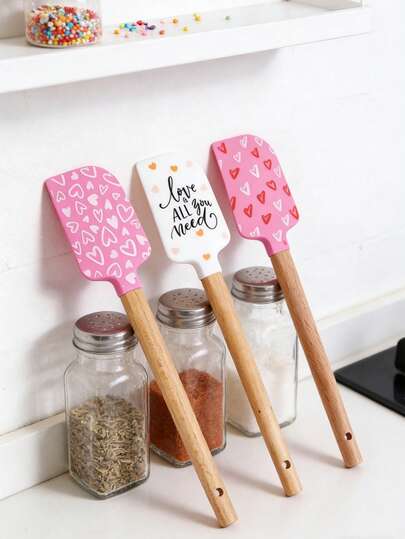 1pc Valentine's Day Silicone Spatula With Wooden Handle, Valentine's Day Pattern, Heat-Resistant Silicone Spatula With Pink Satin Bow Tie, Suitable For Baking, Cooking And Stir-Frying