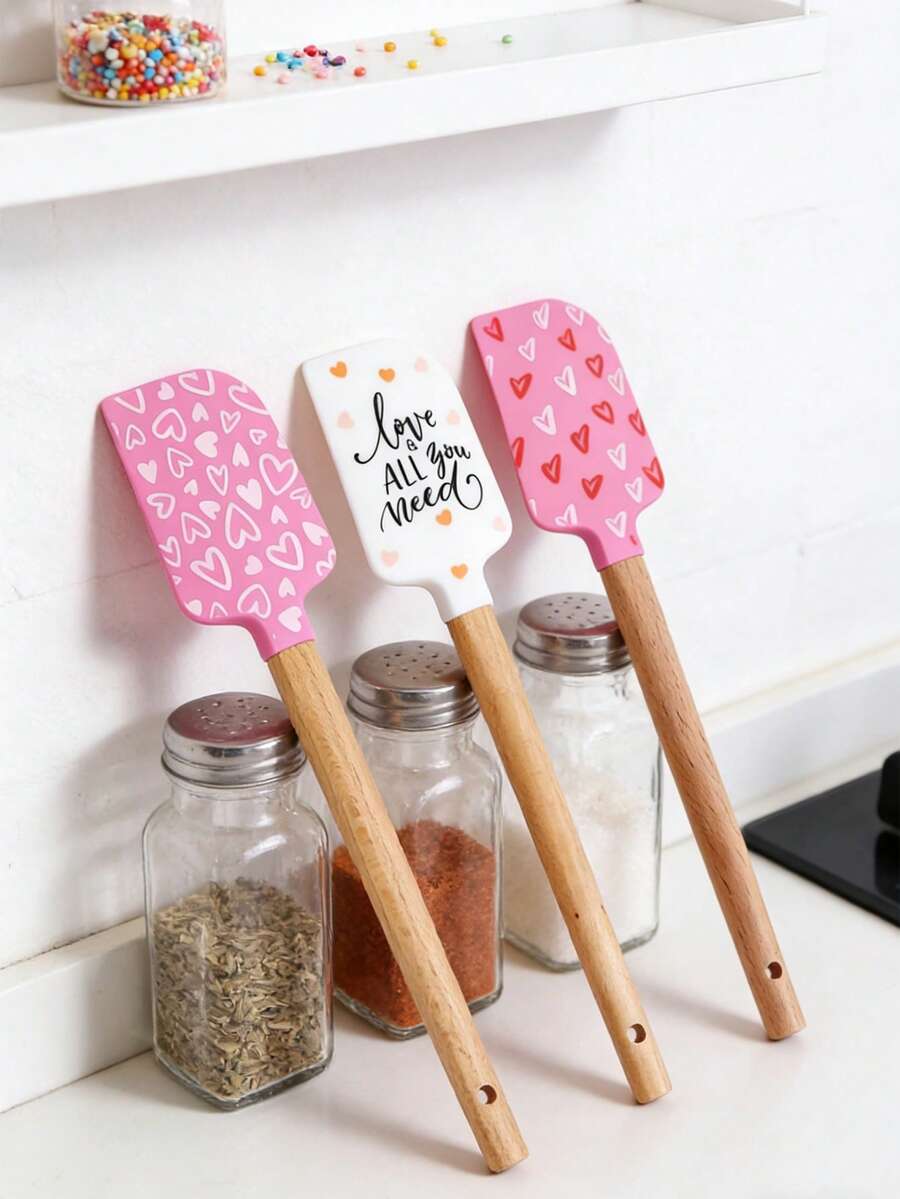 1 chiếc thìa silicon cán gỗ họa tiết Ngày Valentine, thìa silicon chịu nhiệt kèm nơ satin màu hồng, thích hợp cho việc nướng bánh, nấu nướng và xào. - Nhiều màu - Xem 1