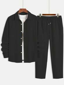 Conjunto de 2 piezas para hombre con camisa casual versátil de manga larga con botones completos y pantalones de unicolor con cordón - Negro - Ver 3