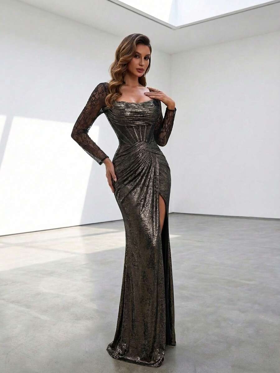 Vestido de noche elegante de sirena con abertura y manga larga de encaje metálico bronce para mujer, vestido formal sexy y elegante para fiestas - Café integral - Ver 1