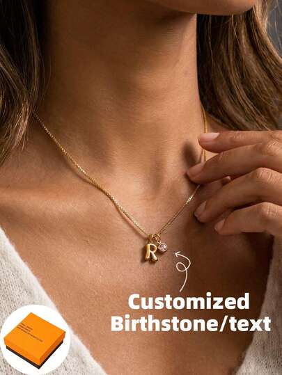 Dây chuyền vàng 18K đính đá quý theo tháng sinh, mặt dây chuyền chữ cái dạng hộp, có thể điều chỉnh độ dài, chống nước, không gây dị ứng, quà tặng Giáng sinh.