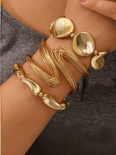 1 Set de joyería de mujer con brazalete y pulsera de línea geométrica asimétrica versátil y abierta - Joyería de encanto lujosa para mujer, adecuada para uso diario y de fiesta