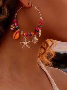 1 Pair Women's European And American Style Starfish & Shell Colorful Stone Hoop Earrings, Bohemian Ocean Element Earrings - Yellow Gold - View 4
