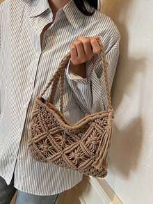 Bolso bandolera tejido bohemio de color sólido, bolso cuadrado pequeño tejido a la moda, adecuado para vacaciones en la playa, compras urbanas, elección perfecta para vacaciones en la playa, - Marrón - Ver 6