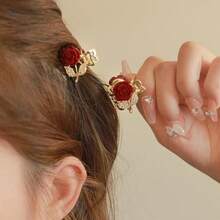 1pc Women's Elegant Red Rose Tassel Crystal Hair Claw Clip, Ideal Gift Choice Summer Outfits Hair Clips Beach Accessories - Red - View 1