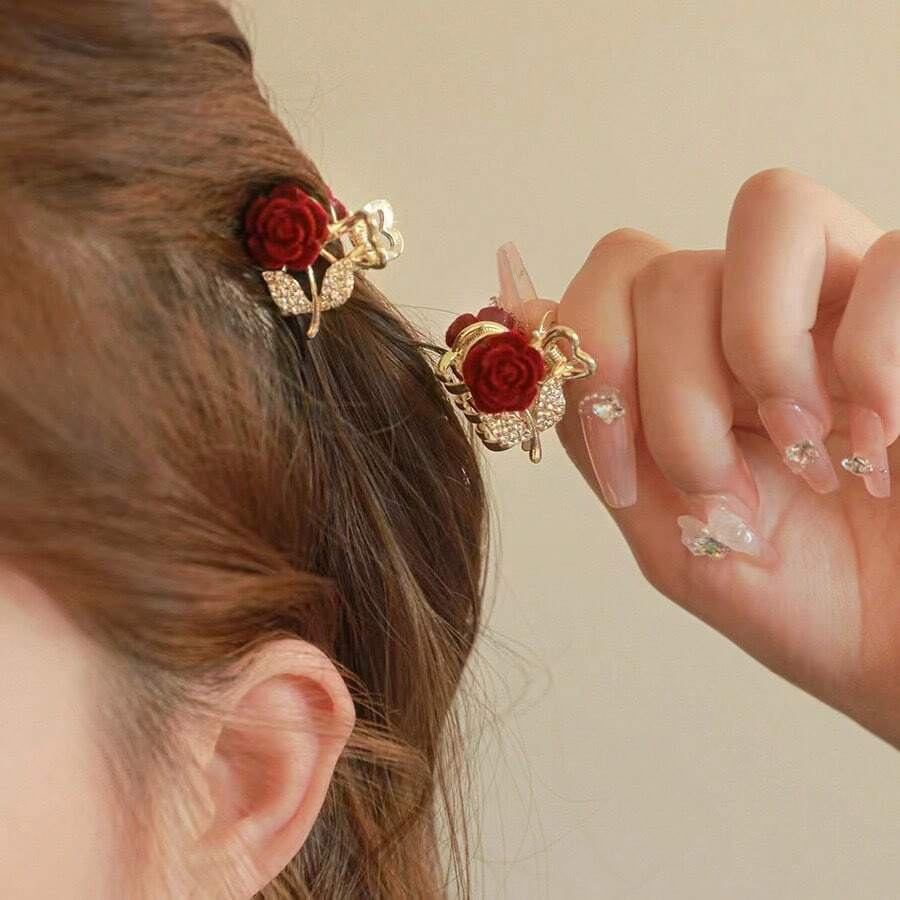 1pc Women's Elegant Red Rose Tassel Crystal Hair Claw Clip, Ideal Gift Choice Summer Outfits Hair Clips Beach Accessories - Red - View 1