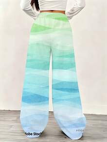 Women Casual Loose Fit Wide Leg Pants Gradient Green Blue Ombre Print Comfortable Sweatpants For Leisure And Sports Activities - 彩色 - 查看 4