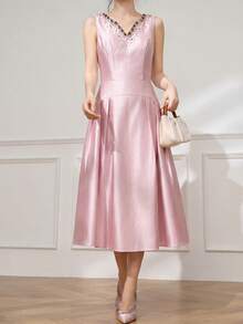 Elegant Luxury Handmade Beaded Sleeveless Women's Dress Spring - Baby Pink - View 5