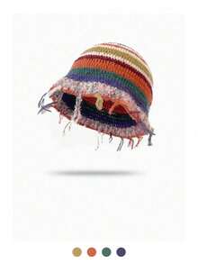 1 件 Y2K 彩虹拼布流苏条纹针织帽，手工钩编百搭大气渔夫帽，带蝴蝶结和镂空设计，温暖的冬季针织帽 - 彩色 - 查看 10