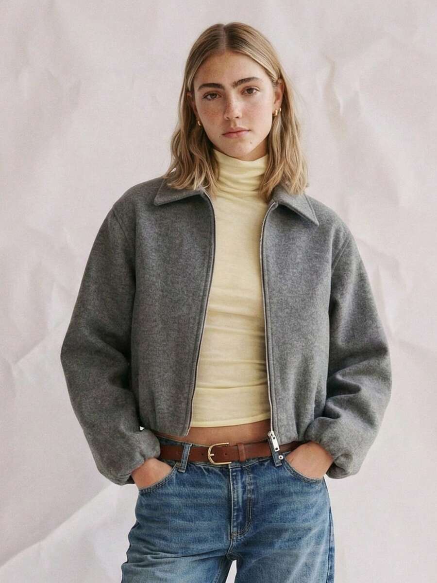 Women's Autumn Long Sleeve Zippered Stand Collar Bomber Jacket - Dark Grey - View 1