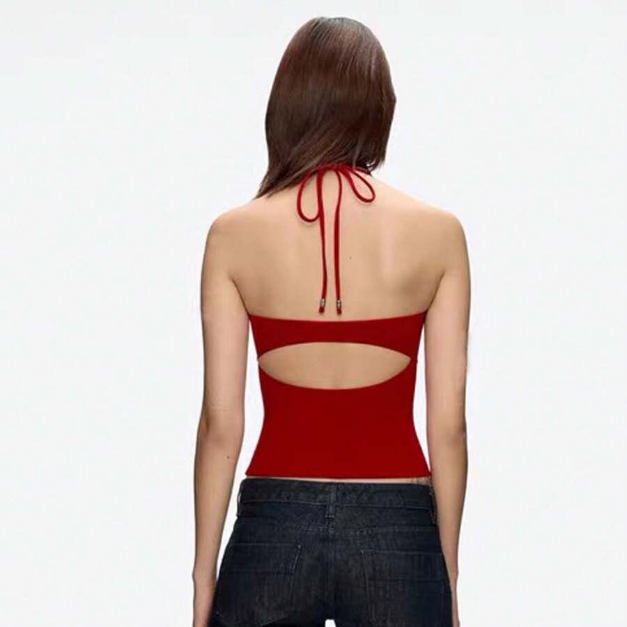 Women's Yoga Vest With Chest Pads, Beautiful Back, Halter Neck, Tie Strap, Sports Fitness Dance Training Top - 深紅色 - 查看 1