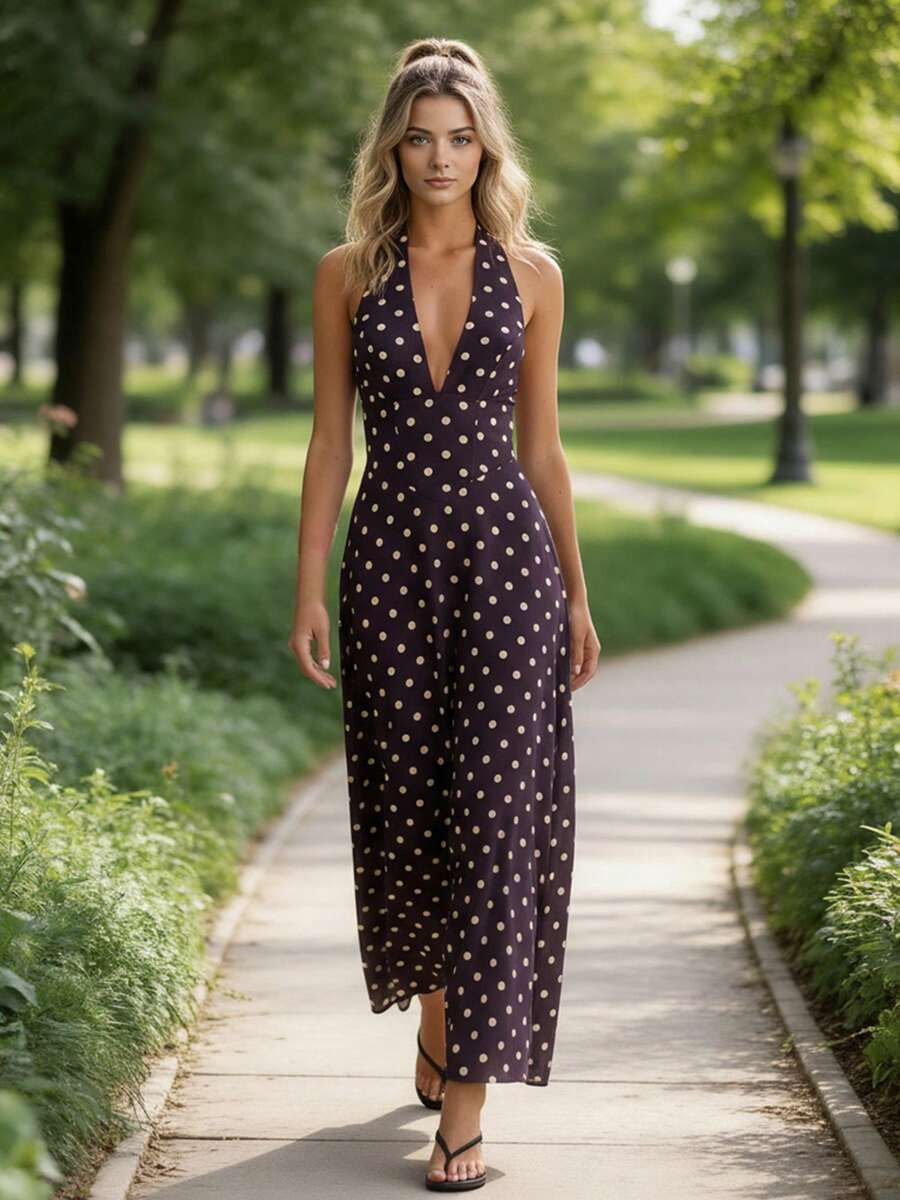 Vestido largo de mujer con cuello halter, sin mangas, espalda descubierta, estampado de lunares, estilo veraniego y fluido. - Café - Ver 1
