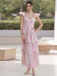 Women's Floral Dress Stylish Multi-Layered Ruffles Split Cap Sleeve Long A-Line Dress For Spring Summer - Pink - View 8