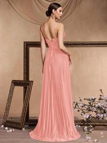 Women's Elegant High Waist Pleated V-Neck Sleeveless Dress, Luxurious Metallic Knit Fabric, Oversized A-Line Silhouette, Suitable For Cocktail Party, Wedding, Anniversary, Formal Celebration, Bridal, Mother Of The Bride Gown (Heavy Embellishment) Spring - Baby Pink - View 3