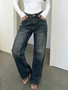 Plus Size Women Retro Minimalist Elastic Waist Loose Straight Leg Jeans Casual - Navy Blue - View 3