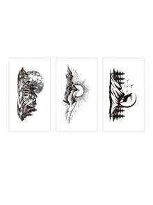 3 Sheets Body Art Temporary Tattoo Stickers, Unisex, Black Mountain Pattern, Waterproof Fake Tattoo, Last 2-5 Days. Can Be Used On Arms, Neck, Shoulders, Waist And Legs For A Quick Body Painted Effect, Ideal For Festivals, Parties And Vacations. - Black - View 6