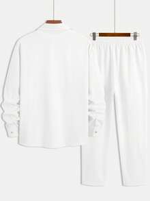Men's Casual Relaxed Versatile Long Sleeve Full Button-Down Shirt And Solid Color Drawstring Pants 2-Piece Set - White - View 4