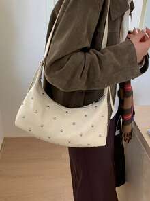 BEIKAMU Fashion Rivet Decor PU Crossbody Bag, Adjustable Shoulder Strap Zipper Closure Versatile Shoulder Bag Satchel, Suitable For University, Commuting, Shopping, Strolling, Daily Use - Beige - View 6