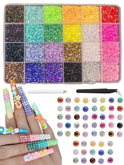 24 Grid 3mm Mixed Colors Flat Back Resin Rhinestones Bedazzling Kit With Pickup Pen & Tweezers For DIYCrafts, Shoes, Books & Nail Art