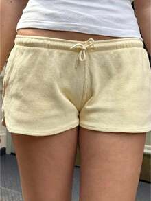 Women Y2K Low Rise Sweat Shorts Summer Wide Leg Mini Shorts Casual Basic Drawstring Lounge Shorts Going Out - Yellow - View 1