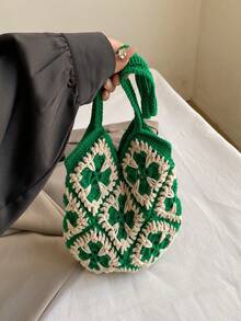 1pc Handmade Crochet Grandmother's Quilt Pattern Shoulder Tote Lunch Bag - Multicolor - View 8