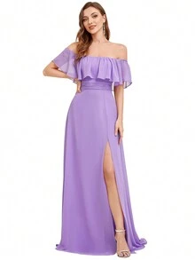 EVERPRETTY Elegant Off Shoulder Ruffle High Slit Bridesmaid Dress Wedding - Lilac Purple - View 3