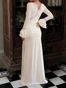 Vestido largo de fiesta elegante con cintura ceñida, parches de encaje y volantes para mujer - Blanco - Ver 5