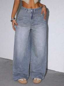Women's Casual Loose Wide Leg Jeans With Pockets, Suitable For Daily Wear Spring - 老藍 - 查看 7