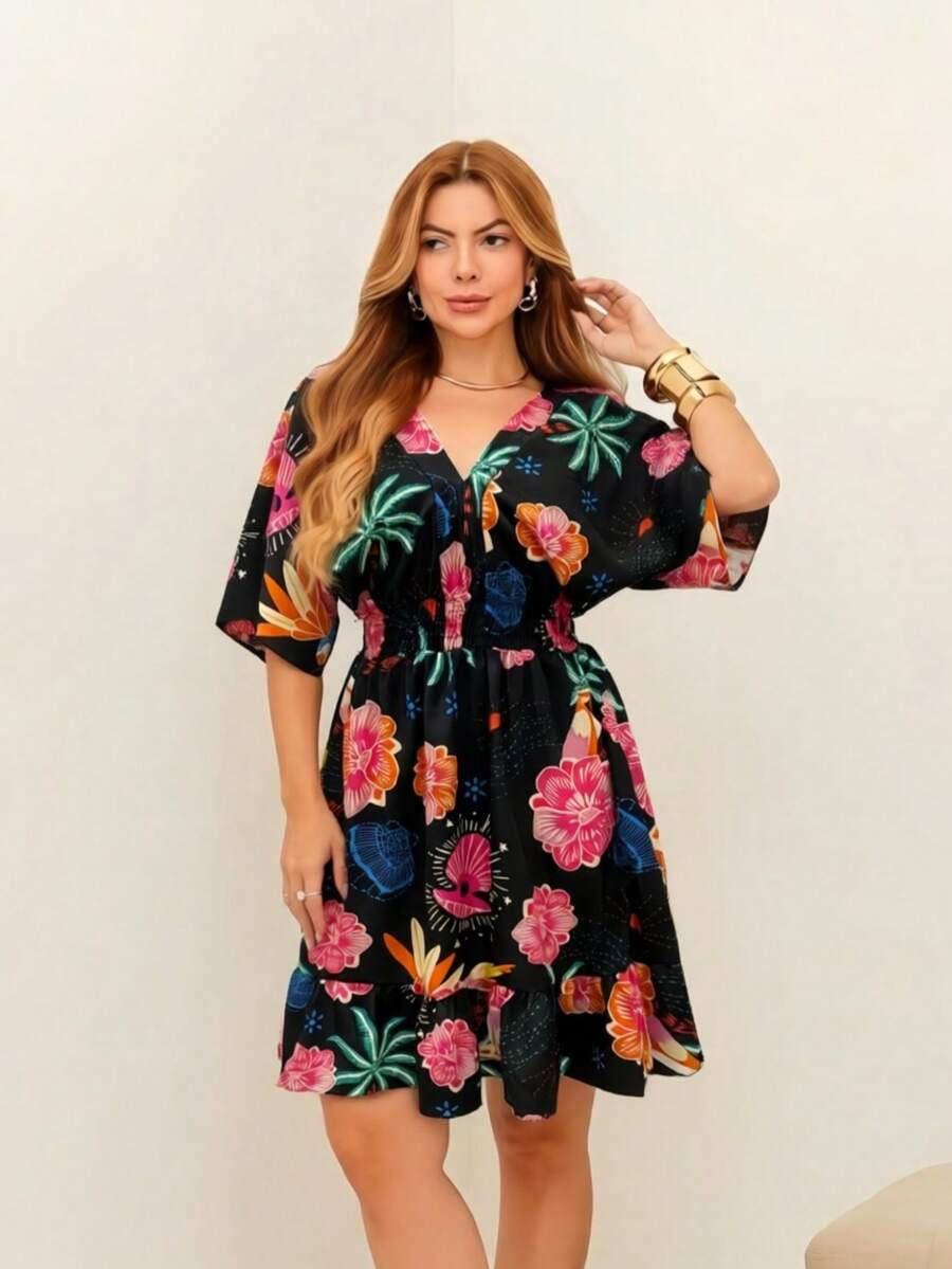 Short Dress/With Elasticated Waist/Half Sleeves/Princess Style/Printed/Women's Fashion/Summer - 129-Đen - Xem 1