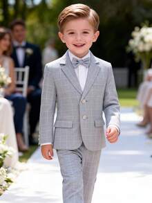 4-12岁男童休闲格子两件套西装，含领带，灰色，时尚优雅，适合春夏穿着 - 灰色 - 查看 3