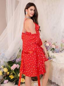 两件套女士性感红唇印花睡衣套装 - 蕾丝深V吊带裙 + 宽松睡袍套装 - 紅色 - 查看 5