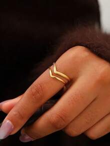 1 Stück 18K vergoldeter Edelstahl modischer, eleganter geometrischer V-förmiger verstellbarer offener Ring, vielseitig für Frauen für den Alltag, Urlaub, Party, Ausflug, als Geschenk - Gold - Übersicht 6