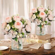 1/3 Piezas Ramo artificial de hortensias rosas, peonías y rosas de seda, para decoración del hogar, bodas, ramos de novia, Día de San Valentín, regalo - Rosa Pálido - Ver 7