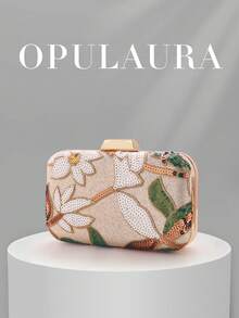 OpulAura 1pc Vintage Floral Handbag, Fashionable Glitter Sequin Embroidered Flower Chain Shoulder Bag, Mini Box-Shaped Purse, Suitable For Party Girls, Brides, Newlyweds, And Office Ladies For Parties, Weddings, Work, Business Travel, Outdoor Activities And Commuting - Apricot - View 6