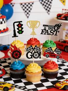 Racing Theme Birthday Party Decorations, Glitter Race Car Shaped Cupcake Toppers, Including Elements Like Race Car, Traffic Light, Steering Wheel, Trophy, Flag, Etc. - Multicolor - View 9