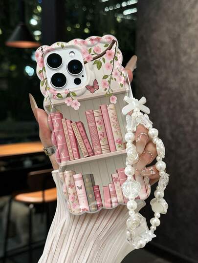 书架花卉彩绘编织波浪边手链式简约防摔加厚手机保护壳，印花图案，适用于 17/17 Pro/17 Pro Max、16 XR/7/8、15 Pro Max、12 Pro Max、13 Pro Max、14 Pro Max、13、14、11、12、P14、P11、P12、XS、XR、7/8P、7/8 GES2 手机壳