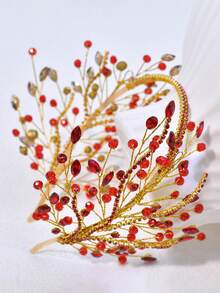 Elegant Red Crystal Bridal Headband, Suitable For Wedding And Party - Red - View 8